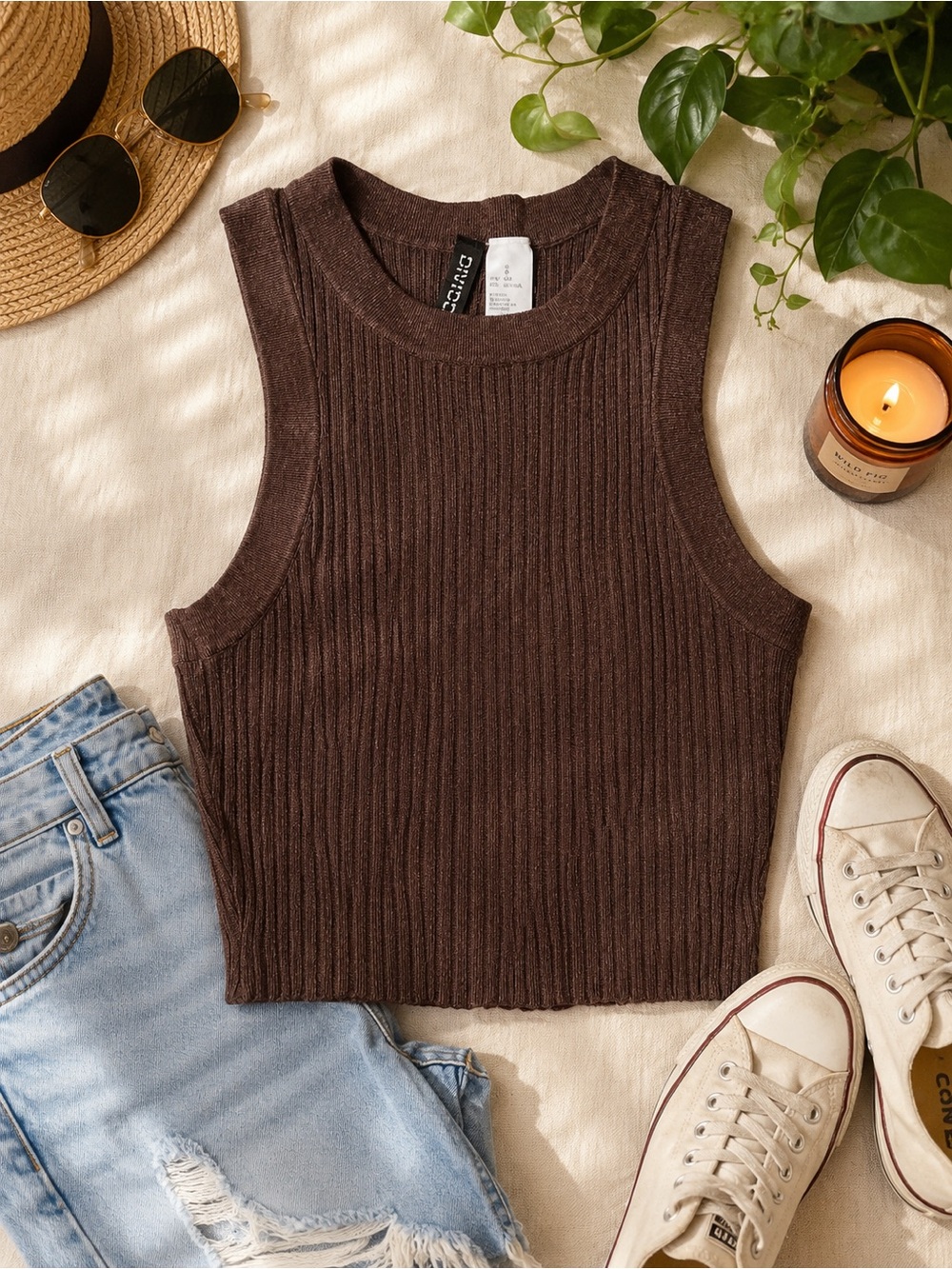 Divided Brown Ribbed Sleeveless Crop Top